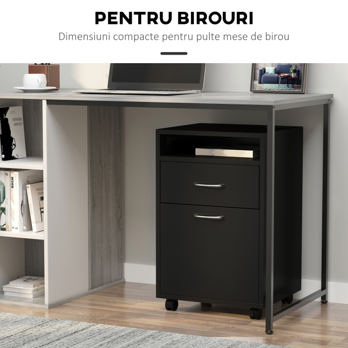  Comoda Birou Neagra - 2 Sertare & 4 Roti Pivotante [5]