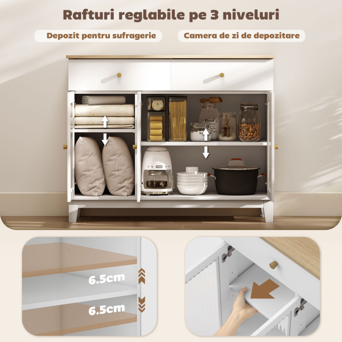  Comoda Bucatarie cu 2 Dulapuri si 2 Sertare, Usi din Sticla Temperata santata, Bufet pentru Living cu Rafturi Reglabile, pentru Sufragerie, 100x35x80.3 cm, Alb si Stejar [6]