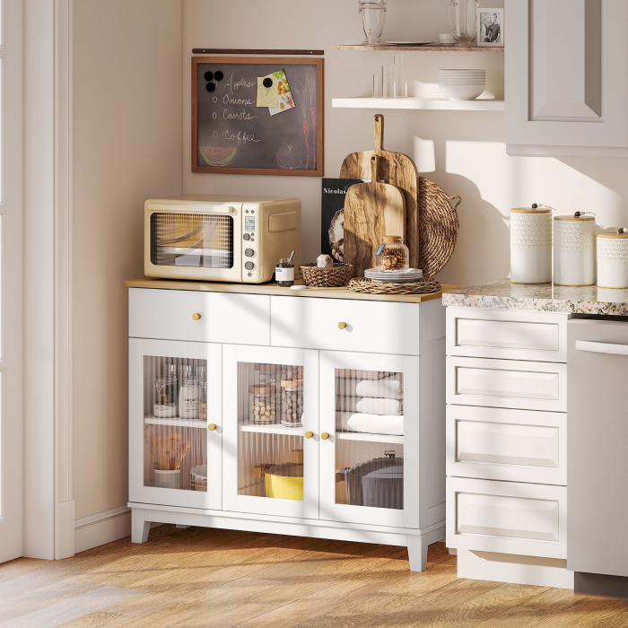  Comoda Bucatarie cu 2 Dulapuri si 2 Sertare, Usi din Sticla Temperata santata, Bufet pentru Living cu Rafturi Reglabile, pentru Sufragerie, 100x35x80.3 cm, Alb si Stejar [9]