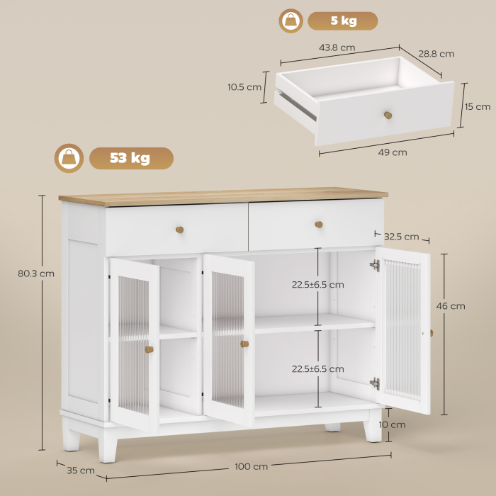  Comoda Bucatarie cu 2 Dulapuri si 2 Sertare, Usi din Sticla Temperata santata, Bufet pentru Living cu Rafturi Reglabile, pentru Sufragerie, 100x35x80.3 cm, Alb si Stejar [3]