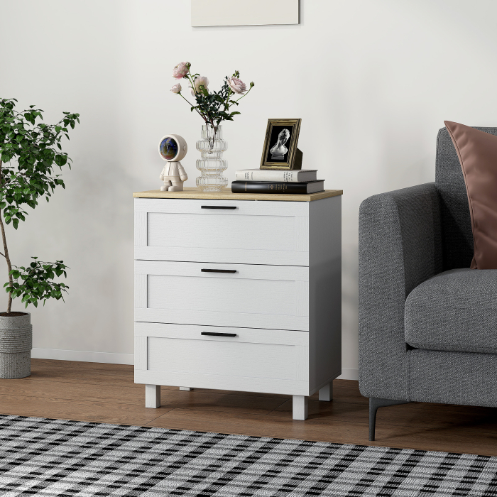  Comoda cu 3 Sertare Moderna din Lemn, 60x38x71 cm, Alb si Aspect de Lemn [9]