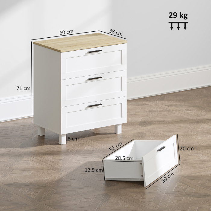  Comoda cu 3 Sertare Moderna din Lemn, 60x38x71 cm, Alb si Aspect de Lemn [3]