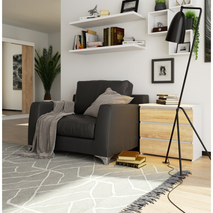 Comoda cu 3 sertare, PAL laminat 16 mm, 60x35x57 cm, alb si stejar sonoma [5]