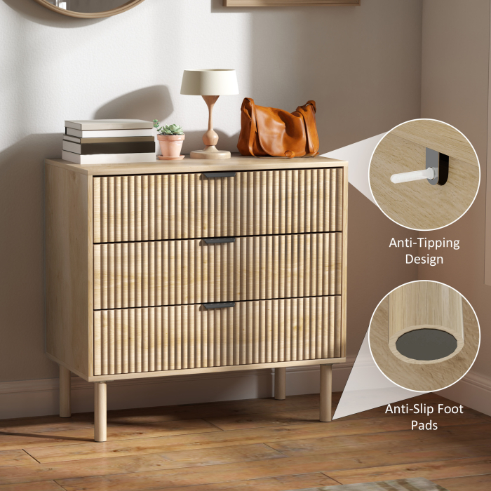  Comoda cu 3 Sertare, Picioare din Lemn Masiv si Design Canelat, 80x40x77,5 cm, Lemn Natural [6]