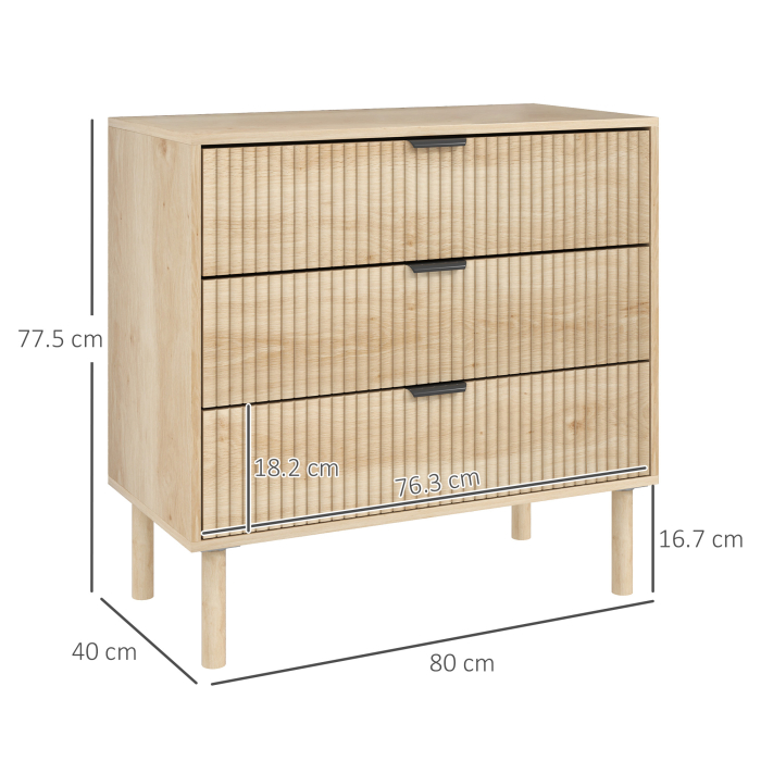  Comoda cu 3 Sertare, Picioare din Lemn Masiv si Design Canelat, 80x40x77,5 cm, Lemn Natural [3]