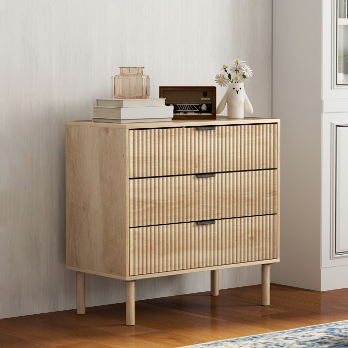  Comoda cu 3 Sertare, Picioare din Lemn Masiv si Design Canelat, 80x40x77,5 cm, Lemn Natural [2]