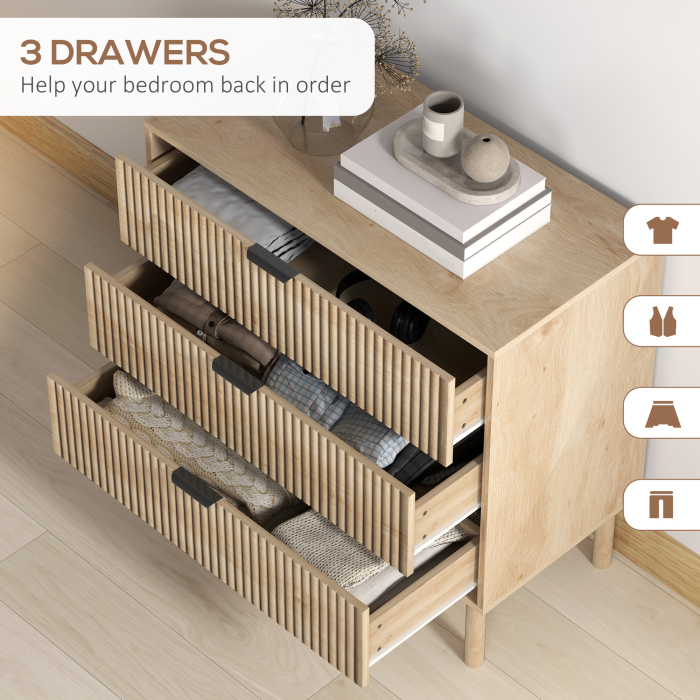  Comoda cu 3 Sertare, Picioare din Lemn Masiv si Design Canelat, 80x40x77,5 cm, Lemn Natural [5]