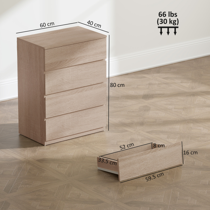  Comoda cu 4 Sertare din Lemn cu sine Metalice si Manere Canelate, 60x40x80 cm, Lemn Fag [3]