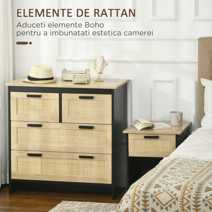  Comoda cu 4 Sertare din PAL si Ratan pentru Living si Dormitor, 80x38x80 cm [5]