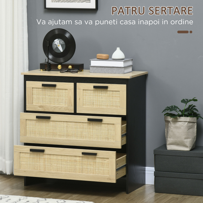  Comoda cu 4 Sertare din PAL si Ratan pentru Living si Dormitor, 80x38x80 cm [4]