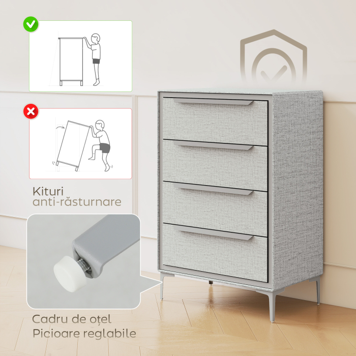  Comoda cu 4 Sertare in Otel cu Acoperire in tesut cu Efect de In, 60x36x88 cm, Gri [7]