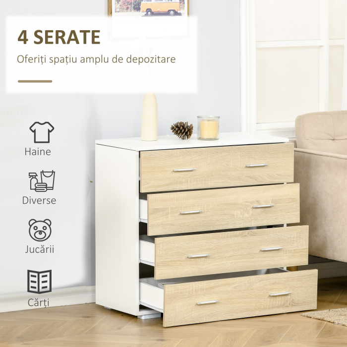 Comoda cu 4 Sertare, Manere din Aluminiu si Structura din Lemn, 76x35x72cm, Alb si Stejar [4]