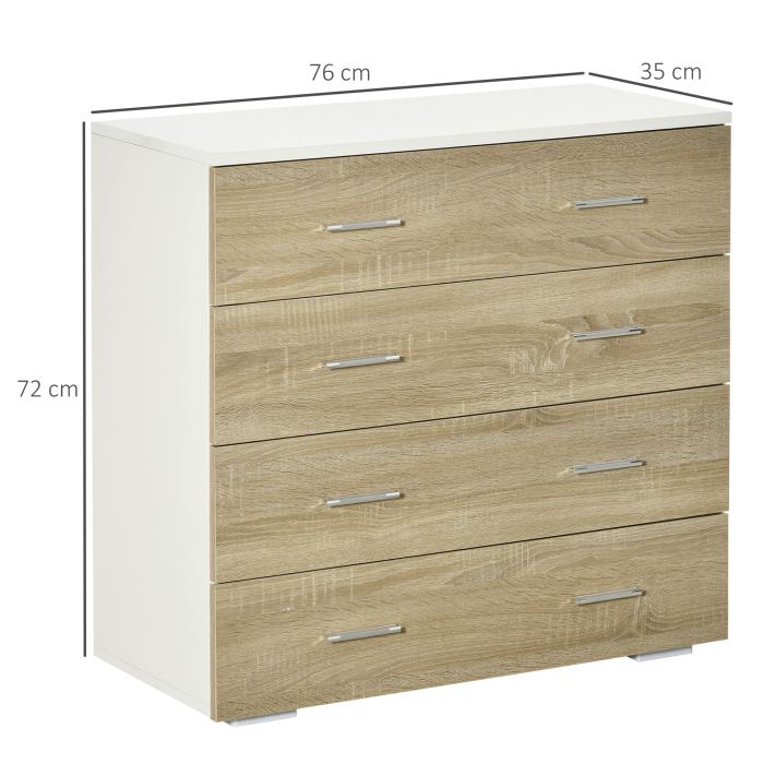  Comoda cu 4 Sertare, Manere din Aluminiu si Structura din Lemn, 76x35x72cm, Alb si Stejar [3]