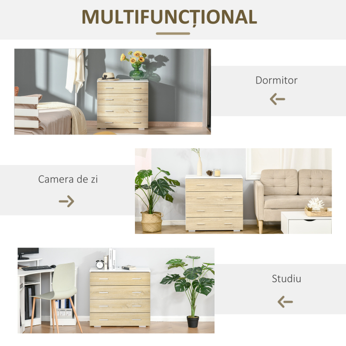  Comoda cu 4 Sertare, Manere din Aluminiu si Structura din Lemn, 76x35x72cm, Alb si Stejar [6]