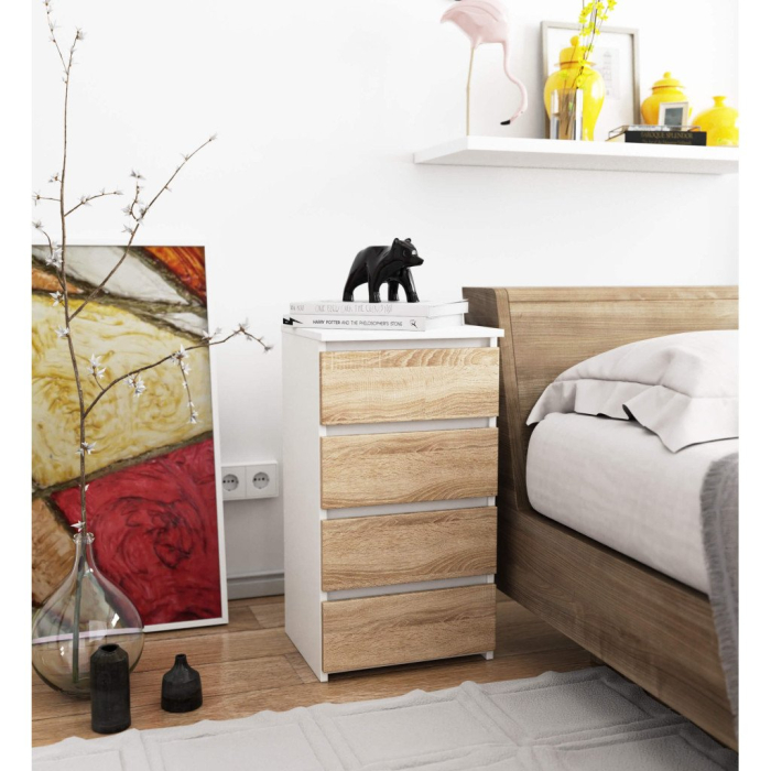 Comoda cu 4 sertare, PAL laminat 16mm, 40x35x74 cm, alb si stejar sonoma [6]