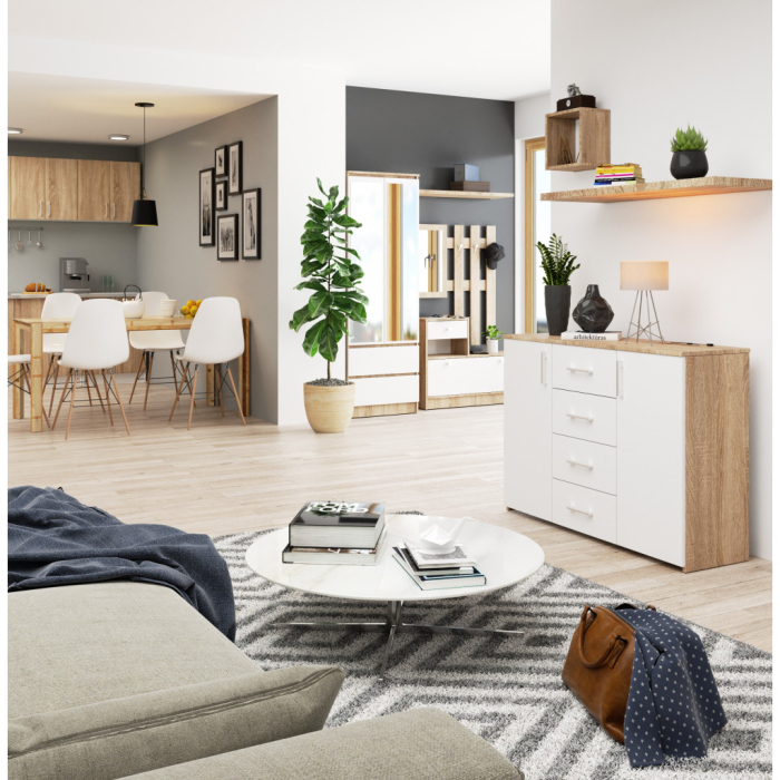 Comoda cu 4 sertare si 2 usi, PAL laminat, 110x35x80 cm, stejar sonoma si alb [5]