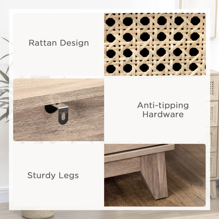  Comoda cu 4 Sertare si Insertii din Rattan Stil Boho, 80x35x95 cm, Lemn Natural [6]