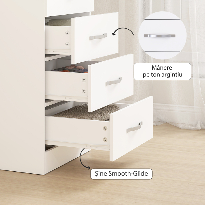  Comoda cu 5 Sertare, Design Modern, Slim, cu Manere Argintii, Ideala pentru Dormitor, Camera, Hol sau Living, Dimensiuni 40x35x85 cm, Alb [7]
