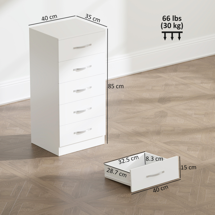  Comoda cu 5 Sertare, Design Modern, Slim, cu Manere Argintii, Ideala pentru Dormitor, Camera, Hol sau Living, Dimensiuni 40x35x85 cm, Alb [3]