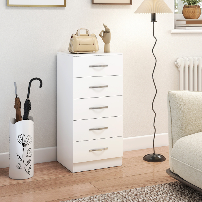  Comoda cu 5 Sertare, Design Modern, Slim, cu Manere Argintii, Ideala pentru Dormitor, Camera, Hol sau Living, Dimensiuni 40x35x85 cm, Alb [2]