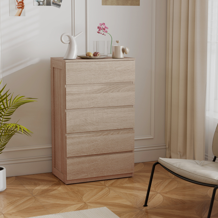  Comoda cu 5 Sertare din Lemn cu Ghidaje Metalice si Manere Canelate, 60x39x100 cm, Lemn Natural [7]