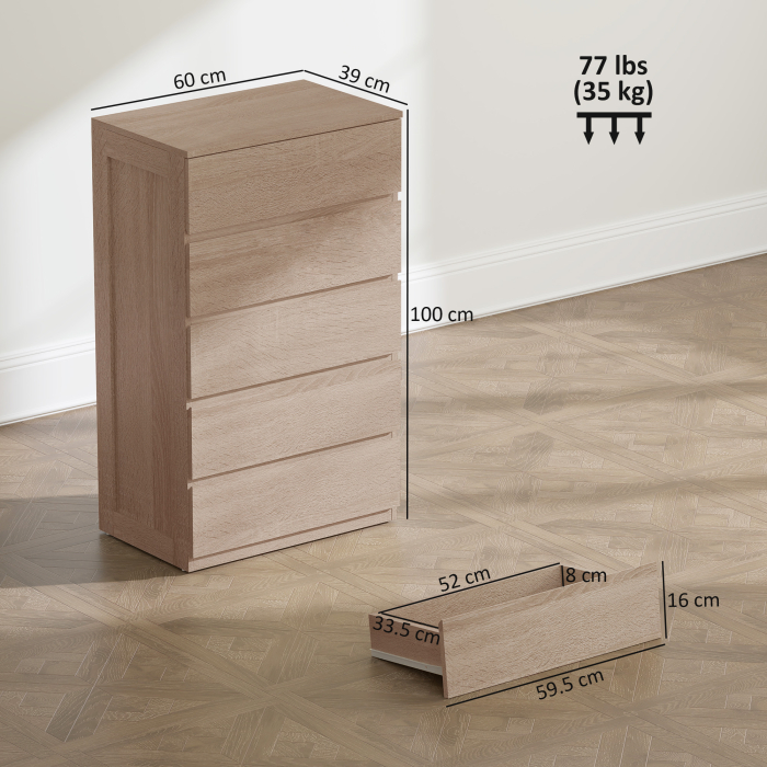  Comoda cu 5 Sertare din Lemn cu Ghidaje Metalice si Manere Canelate, 60x39x100 cm, Lemn Natural [3]