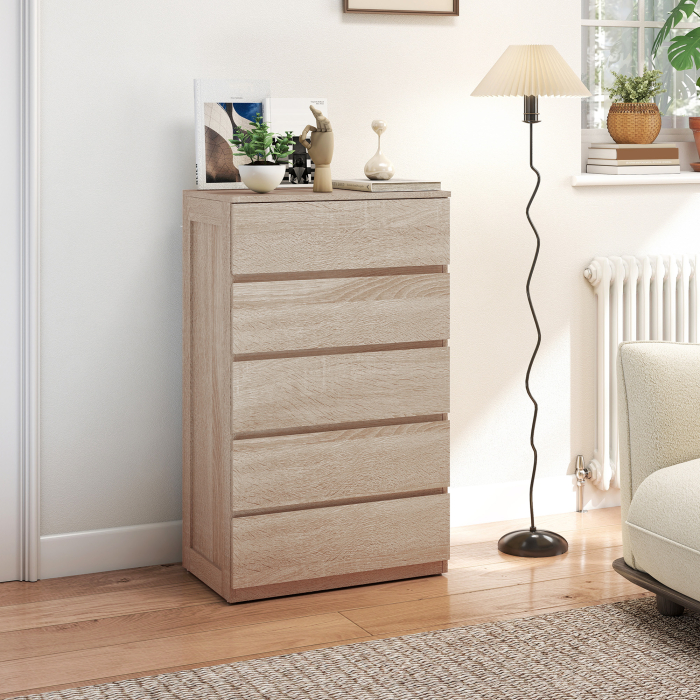 Comoda cu 5 Sertare din Lemn cu Ghidaje Metalice si Manere Canelate, 60x39x100 cm, Lemn Natural [2]