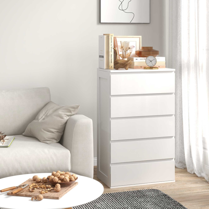  Comoda cu 5 Sertare din Lemn cu Manere Incorporate, 60x38x100 cm, Alb [7]