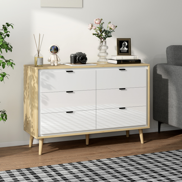  Comoda cu 6 Sertare din Lemn pentru Dormitor, 110x40x75 cm, Alb Lucios si Stejar [2]