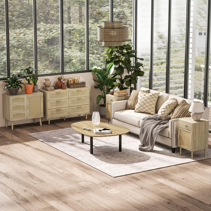 Comoda cu 6 Sertare din Lemn si Ratan Stil Boho pentru Living si Dormitor, 110x40x75 cm [9]