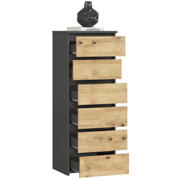 Comoda cu 6 sertare, PAL laminat 16 mm, 40x35x109 cm, gri si stejar artisan [2]