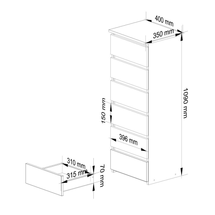 Comoda cu 6 sertare, PAL laminat 16 mm, 40x35x109 cm, gri si stejar artisan [3]