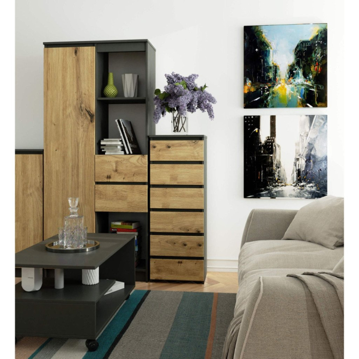 Comoda cu 6 sertare, PAL laminat 16 mm, 40x35x109 cm, gri si stejar artisan [5]
