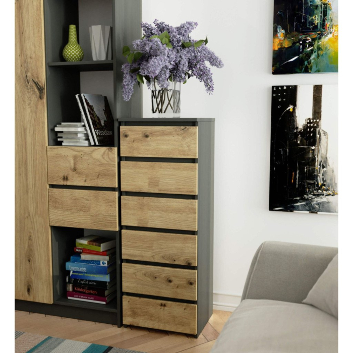 Comoda cu 6 sertare, PAL laminat 16 mm, 40x35x109 cm, gri si stejar artisan [4]