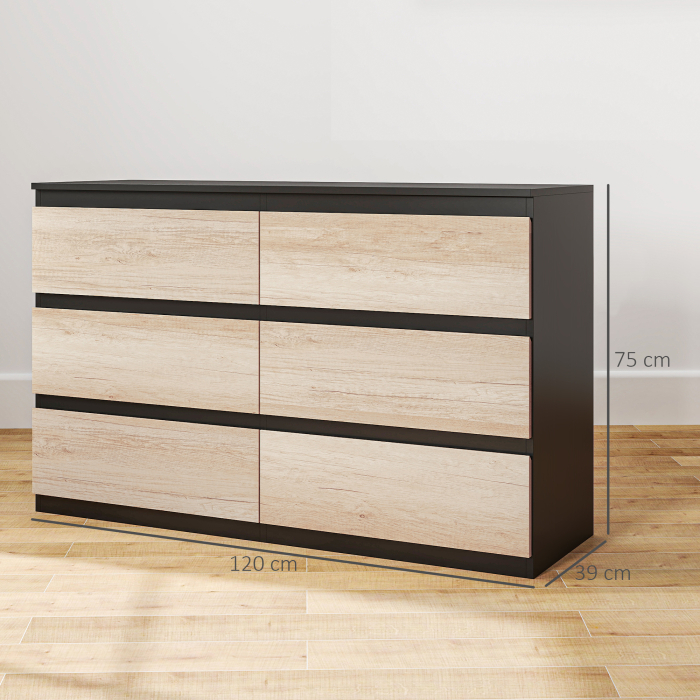  Comoda cu 6 Sertare pentru Dormitor din Lemn cu sine Metalice, 120x39x75 cm, Neagra si de Culoarea Lemnului [3]