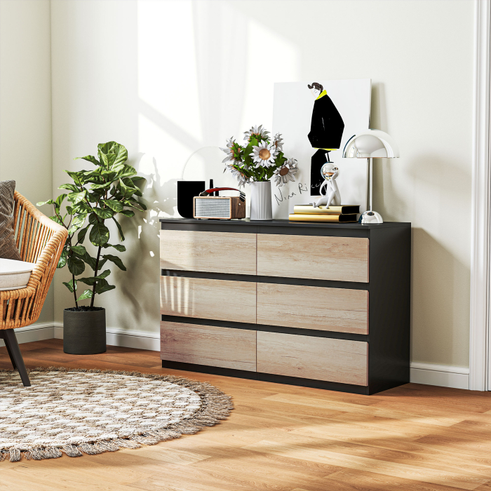  Comoda cu 6 Sertare pentru Dormitor din Lemn cu sine Metalice, 120x39x75 cm, Neagra si de Culoarea Lemnului [8]