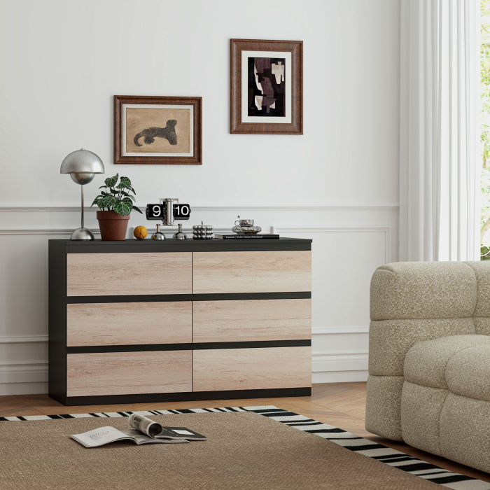  Comoda cu 6 Sertare pentru Dormitor din Lemn cu sine Metalice, 120x39x75 cm, Neagra si de Culoarea Lemnului [7]