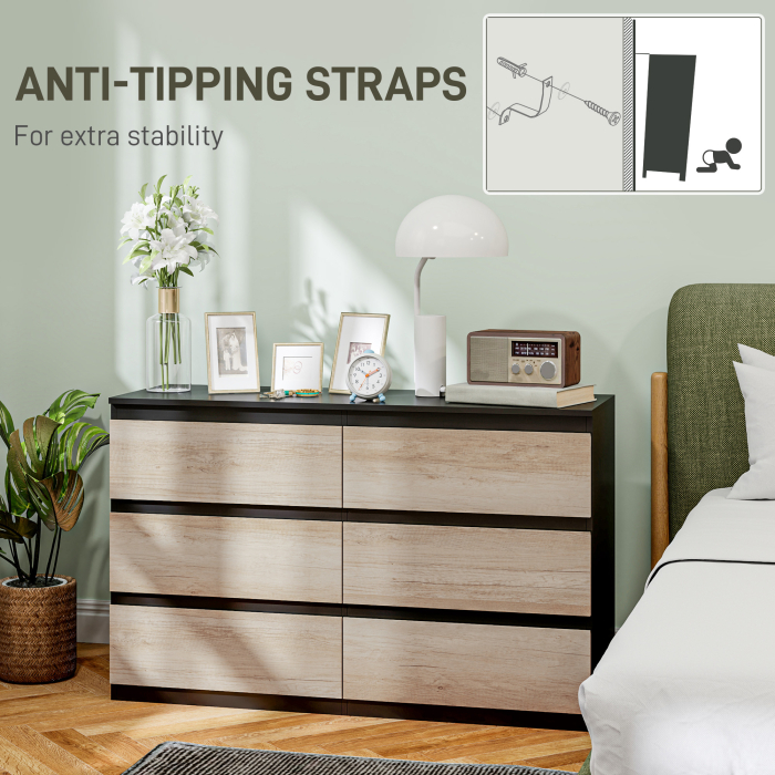  Comoda cu 6 Sertare pentru Dormitor din Lemn cu sine Metalice, 120x39x75 cm, Neagra si de Culoarea Lemnului [6]