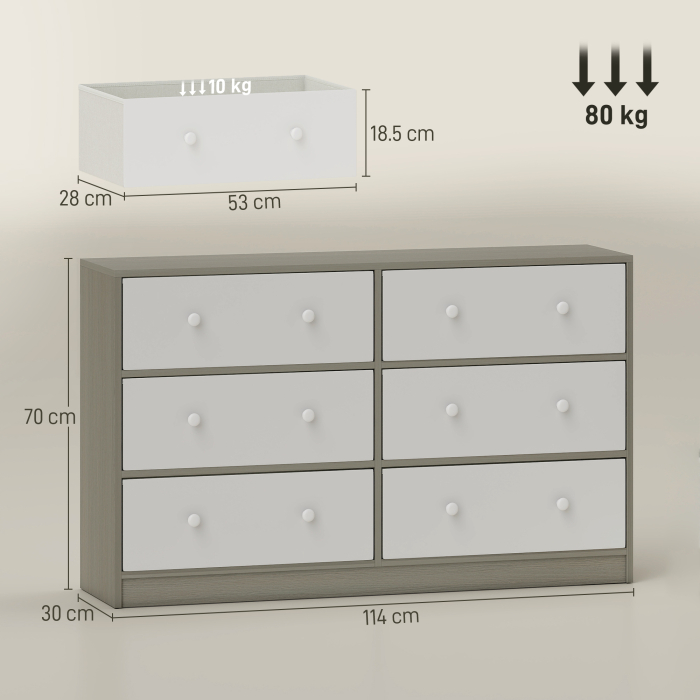  Comoda cu 6 sertare pliabile cu manere duble, din lemn, otel si material textil, 114x30x70 cm, alb si gri [3]