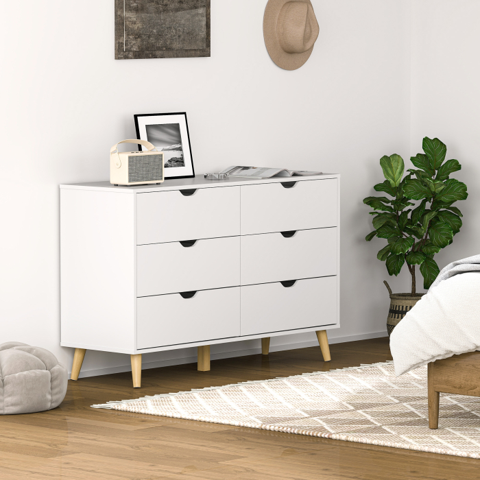  Comoda cu 6 Sertare si Manere, Comoda din Lemn de Pin si Melamina, 120x40x76 cm, Alb [2]