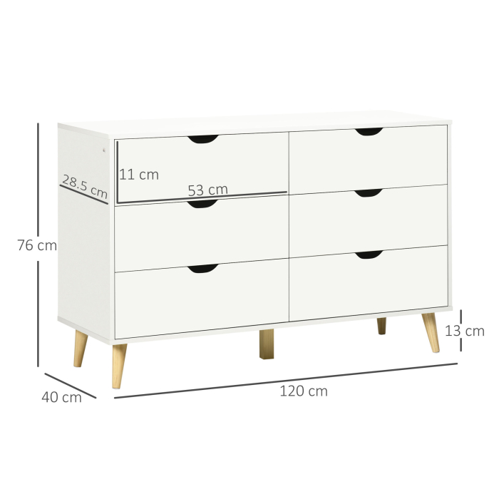  Comoda cu 6 Sertare si Manere, Comoda din Lemn de Pin si Melamina, 120x40x76 cm, Alb [3]