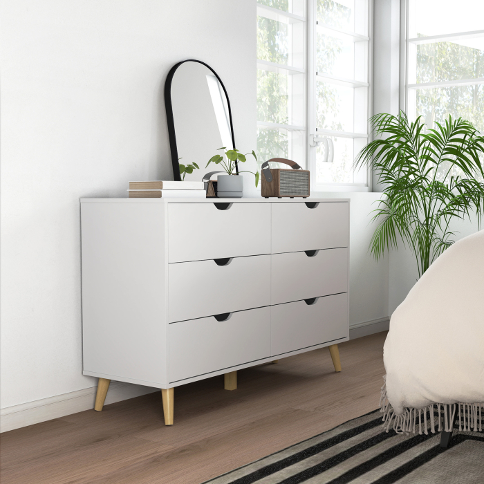  Comoda cu 6 Sertare si Manere, Comoda din Lemn de Pin si Melamina, 120x40x76 cm, Alb [7]