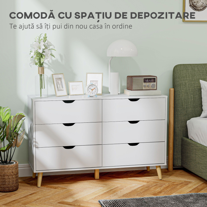  Comoda cu 6 Sertare si Manere, Comoda din Lemn de Pin si Melamina, 120x40x76 cm, Alb [4]