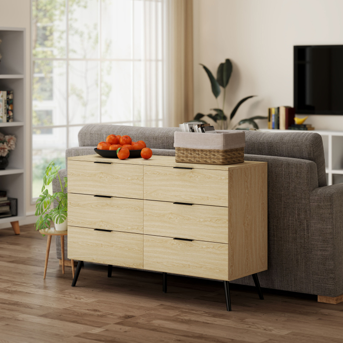 Comoda cu 6 Sertare, Unitate de Depozitare pentru Dormitor, Living, 110x40x75 cm, Lemn Natural [7]