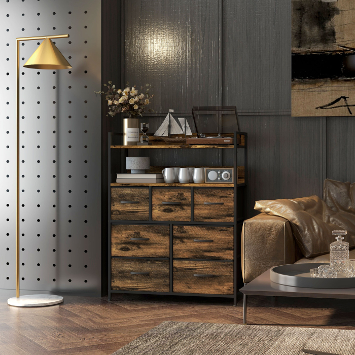  Comoda cu 7 Sertare Detasabile cu 2 Rafturi Industrial din Lemn si Otel, 79x29x101 cm, Maro si Negru [9]