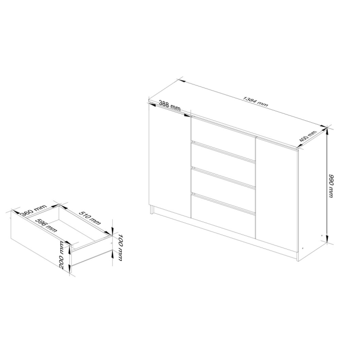 Comoda cu sertare si usi laterale, PAL laminat, 138x40x99 cm, alb mat [3]