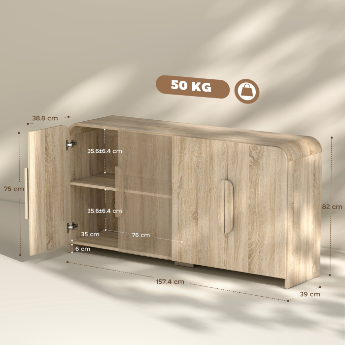  Comoda de Bucatarie cu 2 Dulapuri, Usi Soft-Close si Rafturi Reglabile, 157x39x82 cm, Lemn Natural [3]