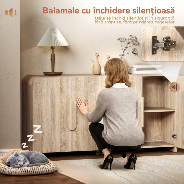  Comoda de Bucatarie cu 2 Dulapuri, Usi Soft-Close si Rafturi Reglabile, 157x39x82 cm, Lemn Natural [6]