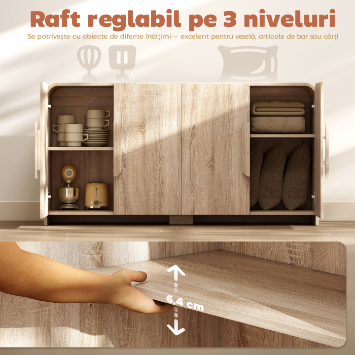  Comoda de Bucatarie cu 2 Dulapuri, Usi Soft-Close si Rafturi Reglabile, 157x39x82 cm, Lemn Natural [5]