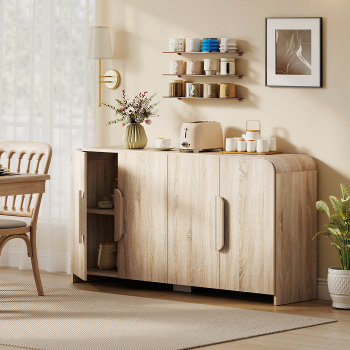  Comoda de Bucatarie cu 2 Dulapuri, Usi Soft-Close si Rafturi Reglabile, 157x39x82 cm, Lemn Natural [2]